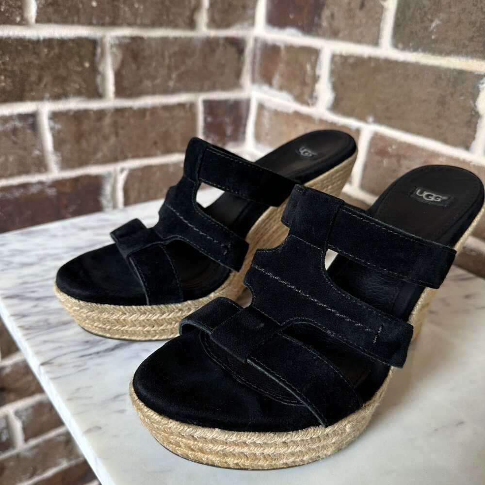 UGG Tawnie Espadrille Platform Wedge Suede Leather Black Slip-on Sandals Sz 9